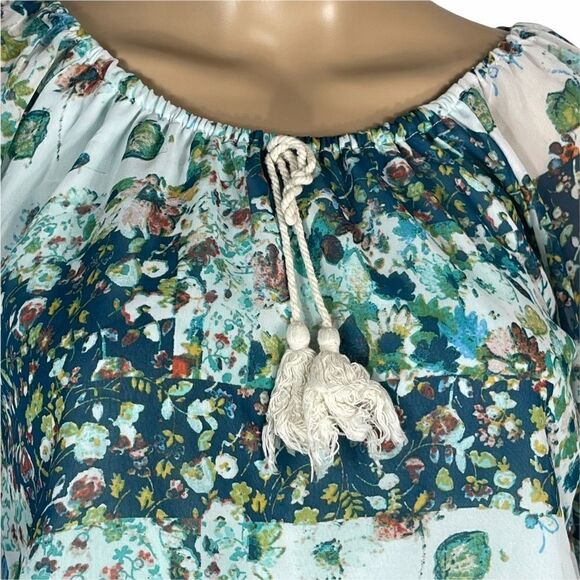 Beautees Blue and Green Floral Blouse laced Wrist - Picture 4 of 15
